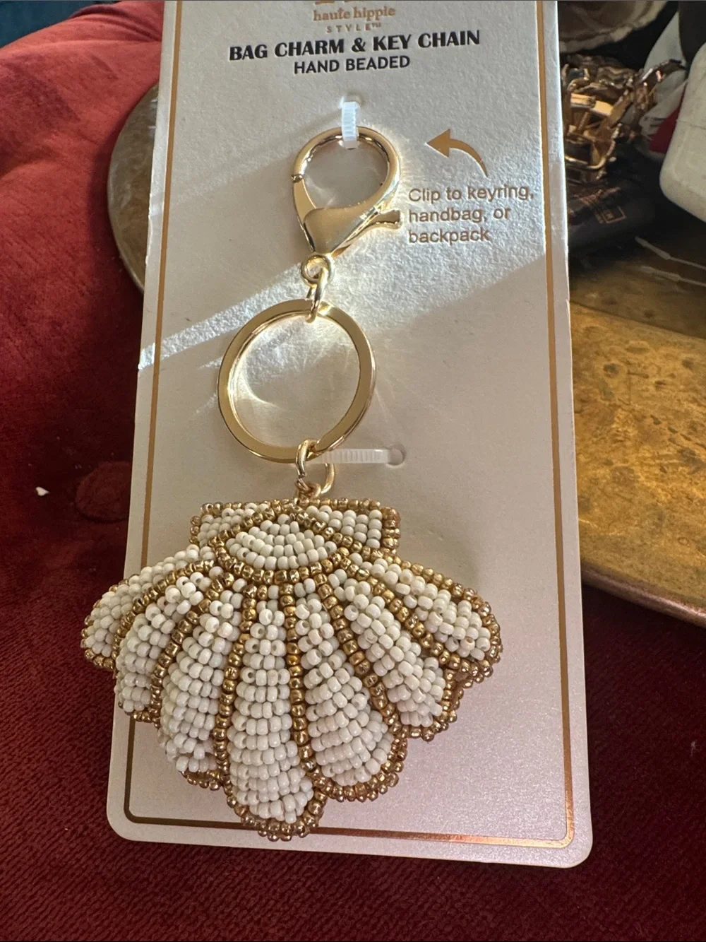 Haute Hippie White and Gold Beaded Shell Keychain Charm